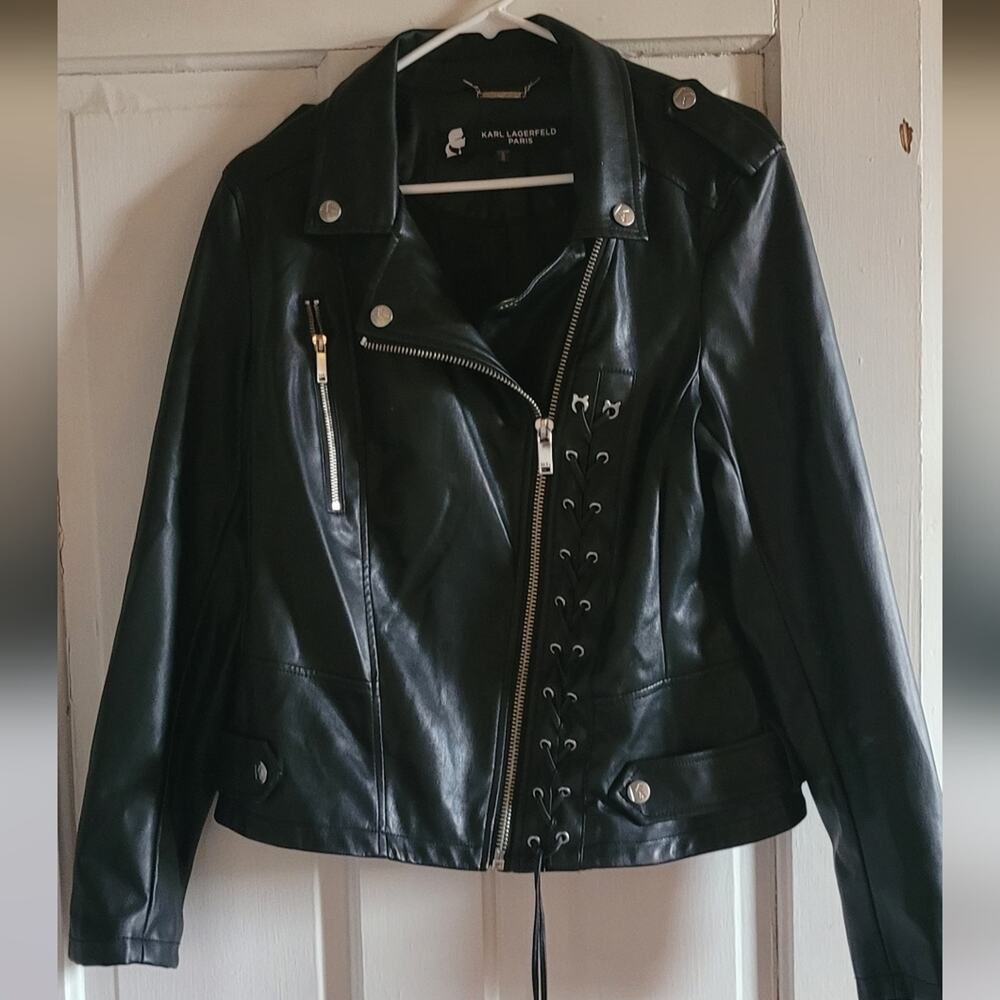 Karl Lagerfeld faux leather lace-up motorcycle jacket, women's size large
